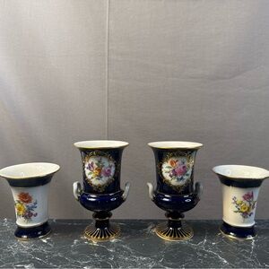 Rare Antique Meissen Vase Set Of Four With Floral / Cobalt Blue Porcelain